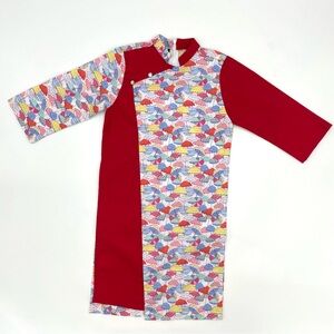 Child's Ao Dai Tunic Top Umbrella Pattern Red‎ Vietnamese Side Slits Size 6
